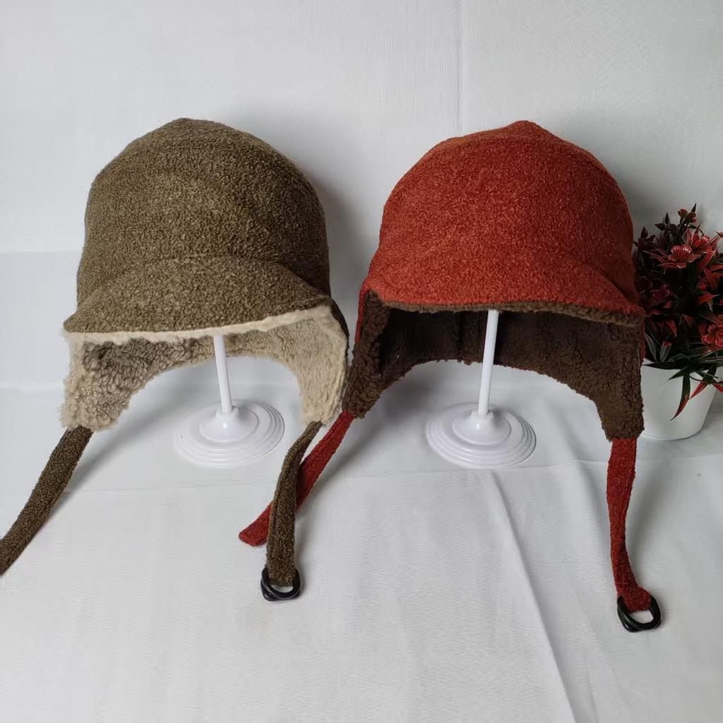Imitation lamb wool flying hat, ear protection hat, children's autumn and winter new velvet solid color hat, men's warm Lei Feng hat