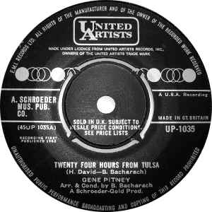 

7inch Record GENE PITNEY - Twenty Four Hours From Tulsa UP1035 United Artists 1963 UK Pop Used