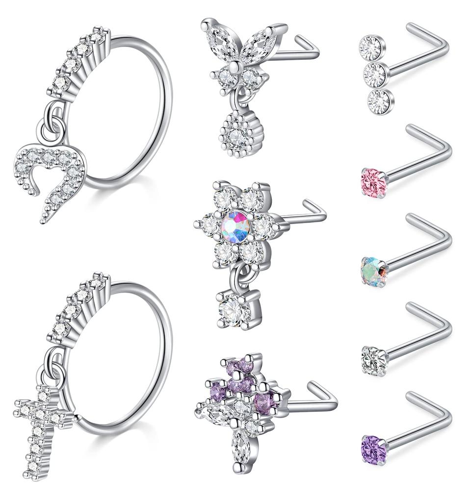 10Pcs Nose Rings Studs Surgical Steel 18 20G Nose Hoop Corkscrew L Shaped Nose Piercing Jewelry for Women