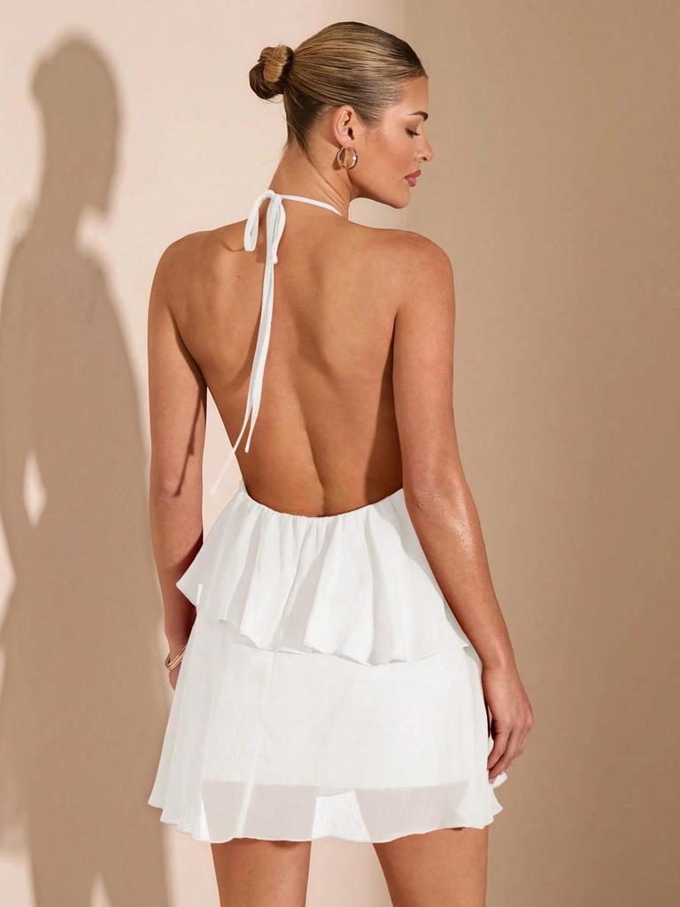 New Women's Irregular Backless Lace-up Dress with Solid Color and Sexy Cake Skirt