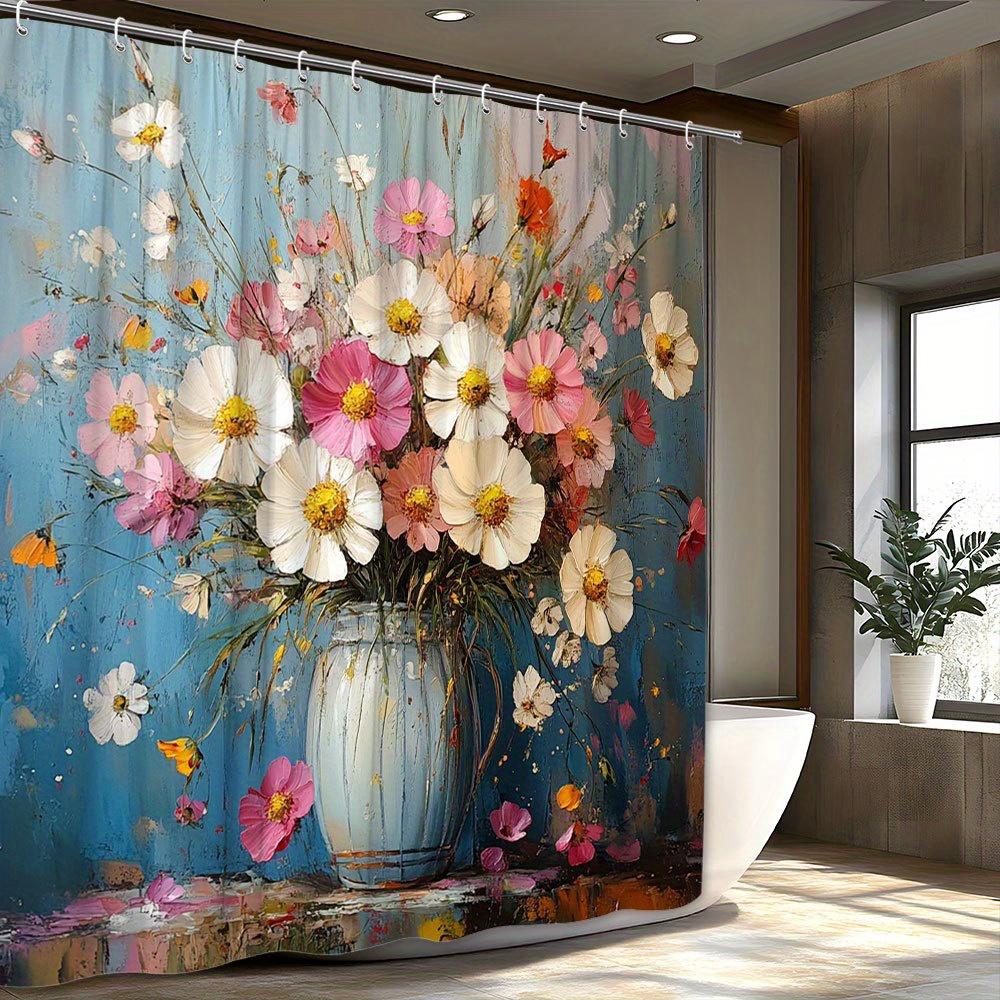 

Realistic Cosmos Flowers Oil Painting Shower Curtain, Pink-Orange Bouquet, Textured Blue Background, 12 Hooks,Washable W60H190(CM)-1 Pcs