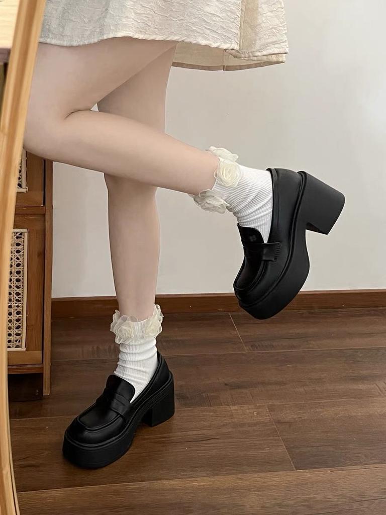 British college style black thick heel heightened platform small leather shoes women's summer new high heel loafers
