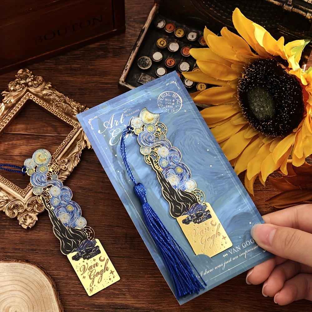 1pc Van Gogh Inspired Golden Hollow Metal Bookmark Artistic Oil Painting Design with Tassel, 8 Unique Window Shapes for Book Lovers