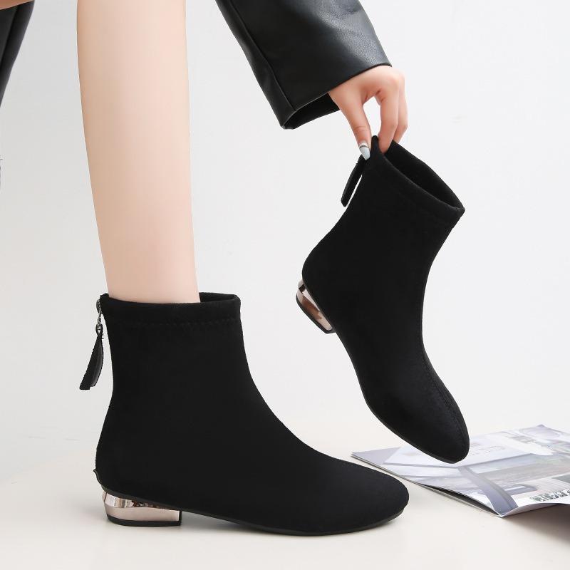 Low-heeled Short Boots for Women's Autumn and Winter New Huge and Thin Simple Pointed Suede Flat-bottomed Elastic Boots for Women's Thin Boots