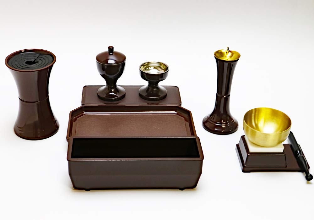 

Soka Gakkai Victory 8 piece set of Buddhist altar fittings dark oak color