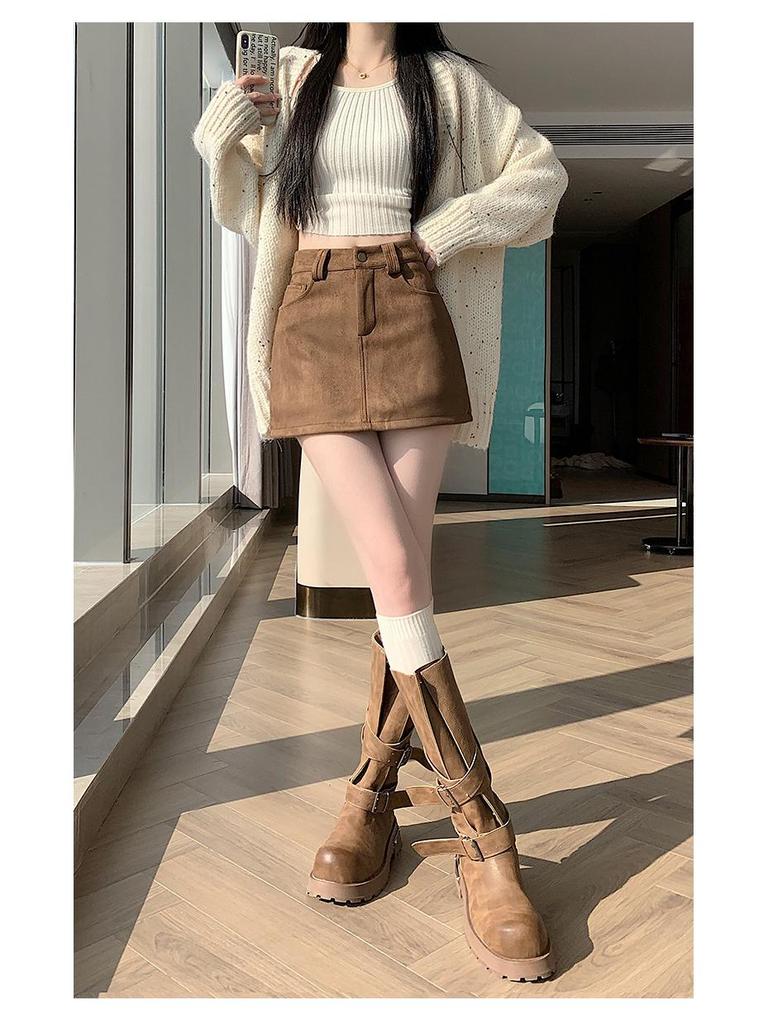 Retro Coffee Suede A-line Mini Skort for Women - Autumn/Winter High Waist Slimming Design