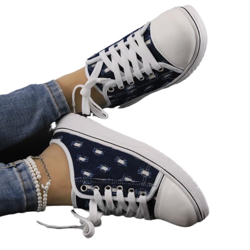Large size round head casual color matching women's shoes lace-up comfortable fashion sports shoes retro canvas