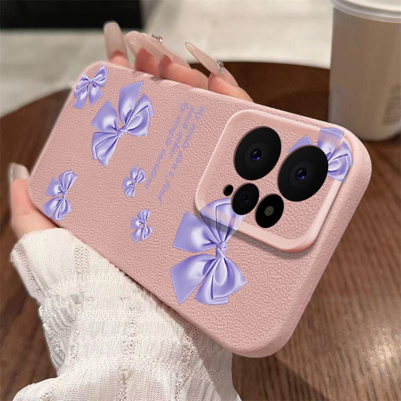 Purple Bowknot Print Leather Texture TPU Matte Case For Xiaomi 13T Poco X6 M6 Redmi Note 14 Pro 13 12 11 Lens Protection Soft Shockproof Phone Cover