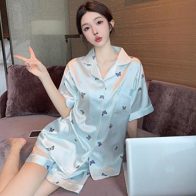 Summer Fresh High-End Lapel Short-Sleeved Imitation Silk Pajamas Women'S Butterfly Printing Can Be Worn Outside Loungewear