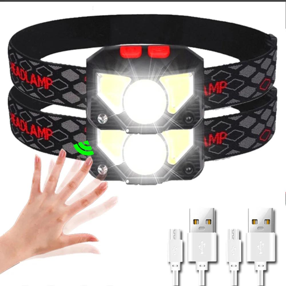 8 Modes Handfress Motion Sensor Powerful LED Headlight headlamp Head Lamp COB Flashlight Torch head light For Camping, fishing