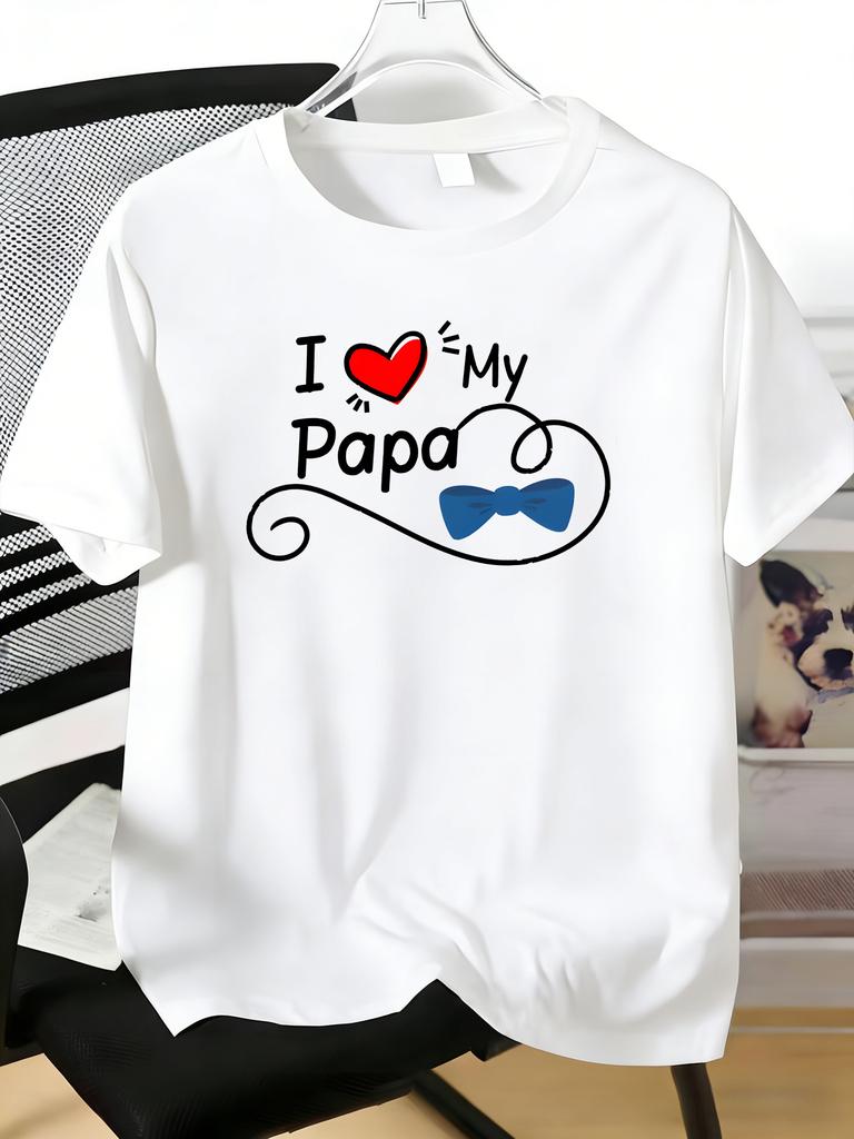 Unisexs Cotton Tee I Love My Papa Heart Bow Tie Swirl Print Crew Neck Short Sleeve Casual Tees For Dad Family Holiday Daily Gift