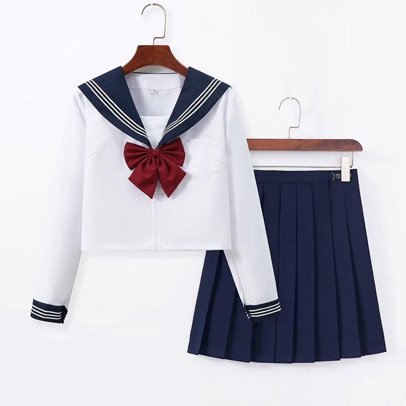 Navy Collar White Japanese School-Style Sailor Suit JK Uniform Skirt Set