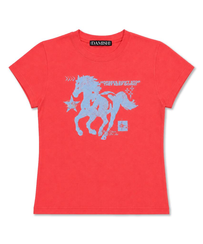 Damiswi Horse Graphic Pastel Slim T-Shirt_Red