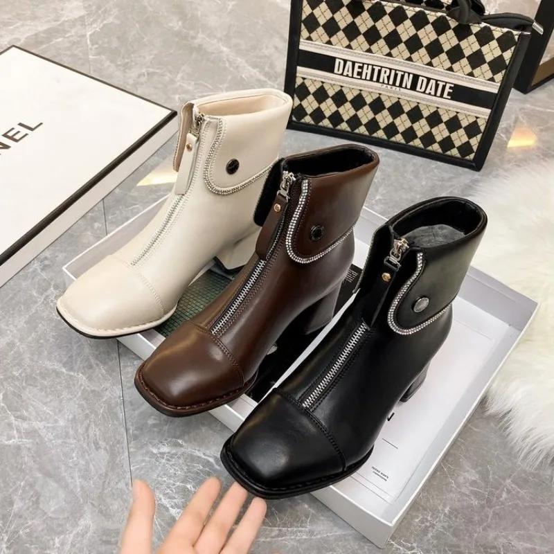 Fashion Boots  Spring/Autumn/Winter New Thick Heel Casual British Style Front Zipper High Heel Short Boots for Women