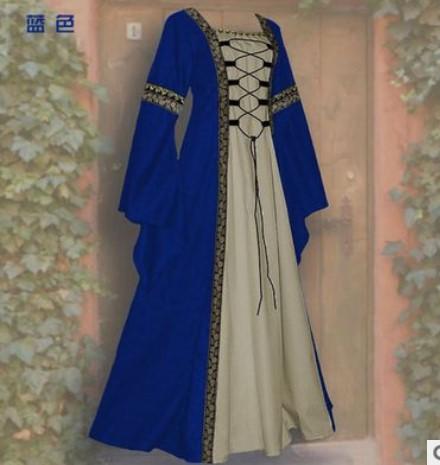 Women Medieval Renaissance Gown Square Neck Bell Long Sleeve Lace Up Contrast Trim Maxi Dress S-5XL Plus Size