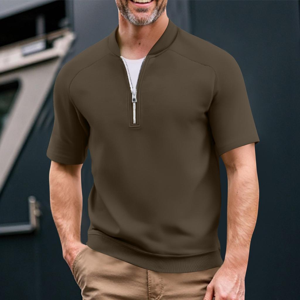 Men's Summer Solid Color Casual T-shirt Sports Breathable Zipper Collar Top