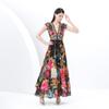 Summer Women Deep V-neck Flying Sleeve Vintage Print Holiday Beach Long Maxi Dresses