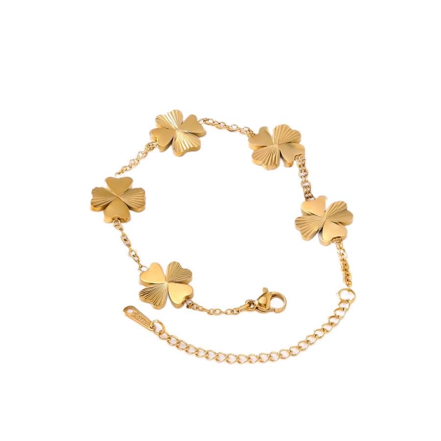 18K Gold Plated Engraved Four-Leaf Clover Heart Bracelet for Women - Non-Fading Titanium Steel Fashion Jewelry.
