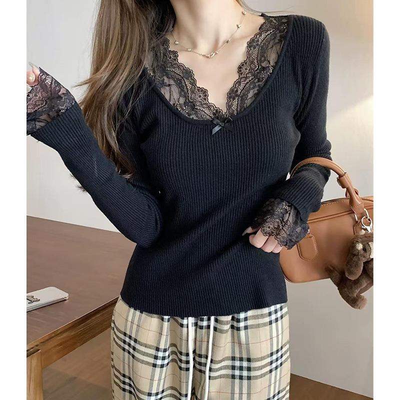 Lace v-neck bow knitted sweater women's autumn and winter slim fit inside stacked top pure desire wind sweet and spicy backing sweater