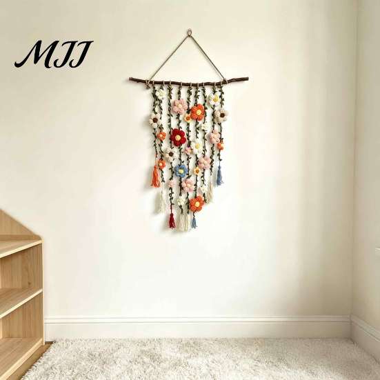 Floral Nursery Wall Art Crochet Flower Garden Hanging, Colorful Knitted Tapestry, Handmade Boho Bohemian Living Room Decor Farmhouse for Bedroom