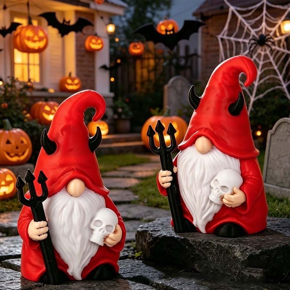 Holding Trident Halloween Figurine Black Horns Skull Miniature Red Gnome Fairy Garden
