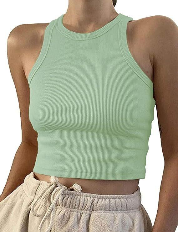 Ärmelloses Damen Crop Top Fitness Weste - Atmungsaktive Nahtlose Gestrickte Sportbekleidung, Einfarbig Gerippte Weste, Lässiges und Elegantes Ärmelloses Basic Sommer Top