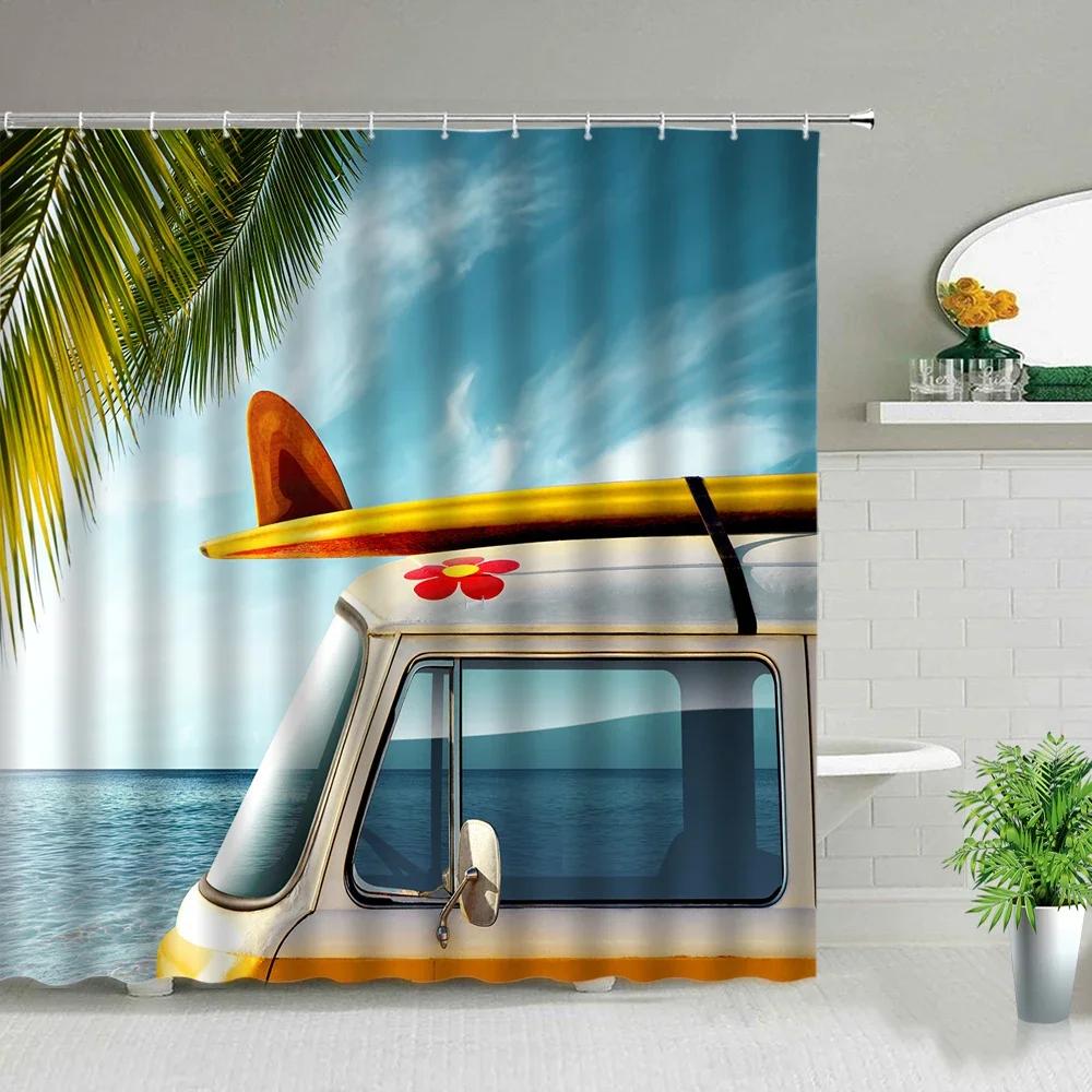 Vintage Letnie Wakacje Retro Bus Camper Van Zasłony Prysznicowe Deska Surfingowa Palma Łazienka Wystrój Domu Zasłona do Wanny z Haczykami