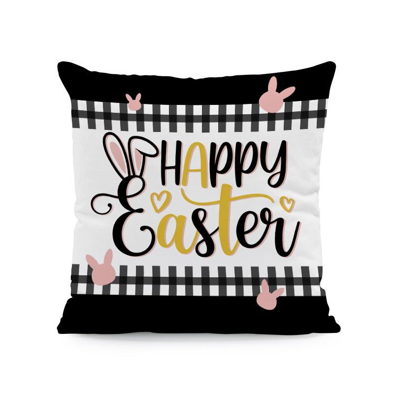 Happy Easter Bunny Egg Pillow Cover 2D Flat Print Peach Skin Plaid Cushion Cover For Couch Living Room Spring Decor 45X45