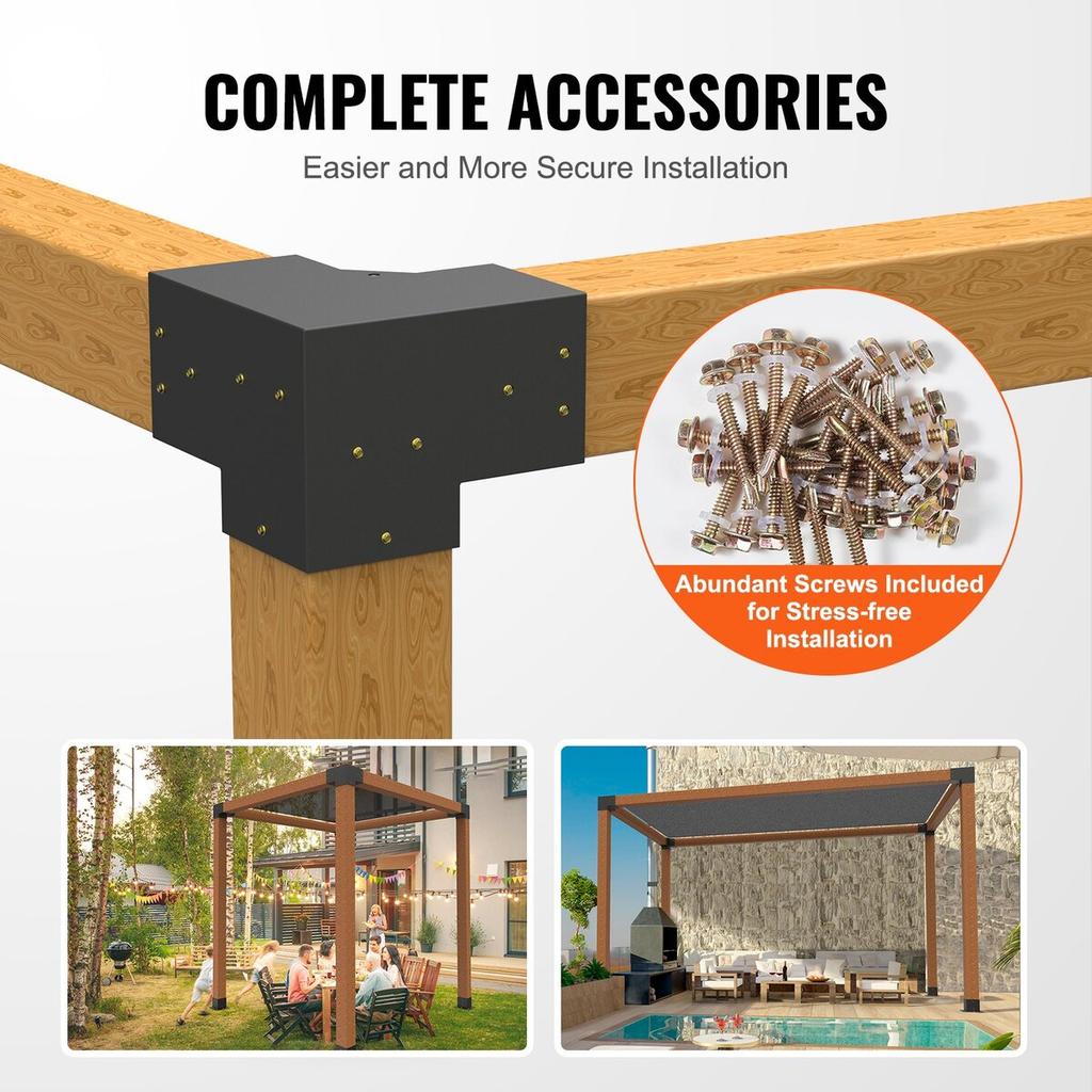 Pergola Bracket Kit 6''x6'', Inner Size 5.6"x5.6 4pcs 3-Way Heavy Duty Corner Bracket Woodworks DIY Post Base Kit, Easy Installation Wooden Beams for