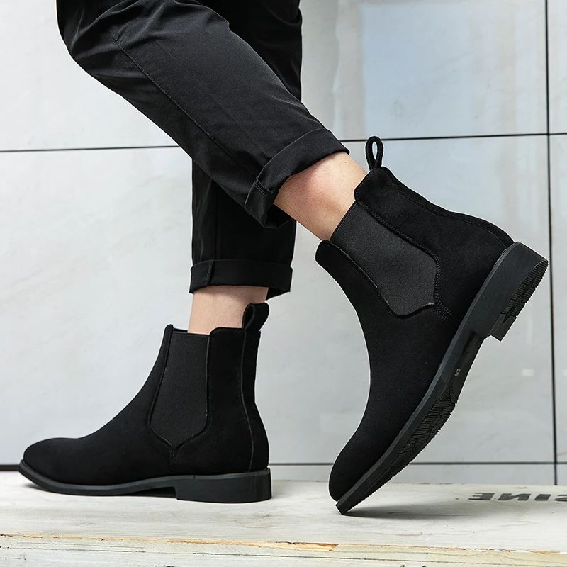 Plus Size 48 Classic Gray Men Chelsea Boots Comfort Suede Leather Shoes Men Dress Shoes Pointed Slip-on Men Black Ankle Boots