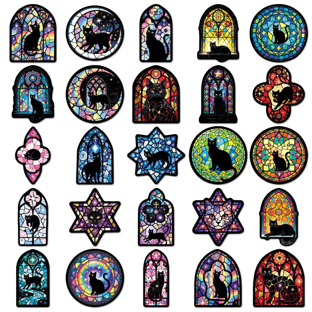 50 Stained Glass & Black Cat Gothic Stickers - Colorful, Waterproof, Decorative Journal Set
