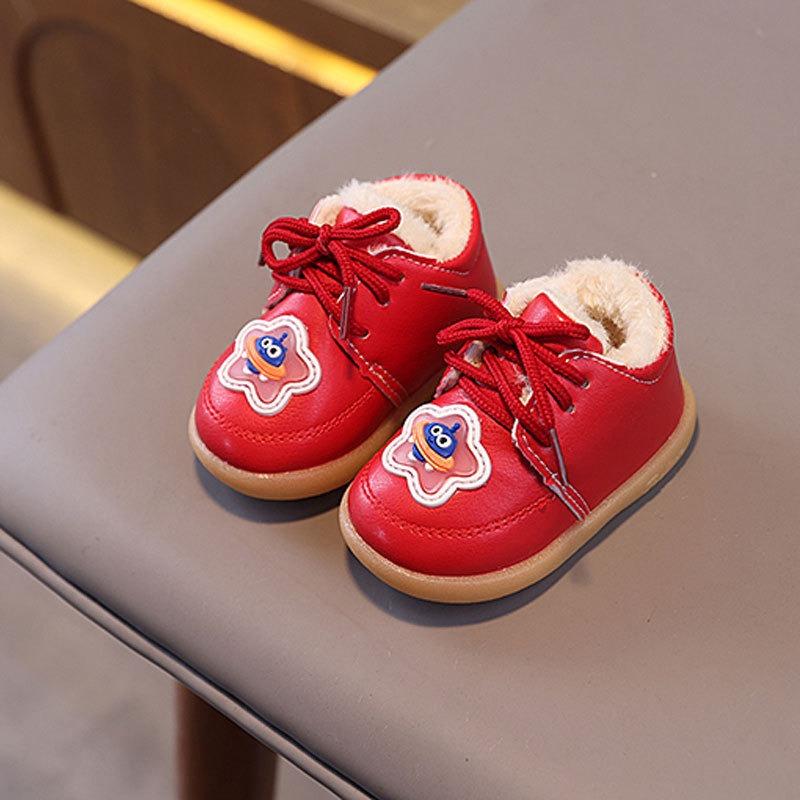 Winter Baby Shoes, Fleece-Lined Thickened for Boys and Girls, Lace-Up Soft-Soled 0-1-2 Years Old Warm Cotton Shoes.