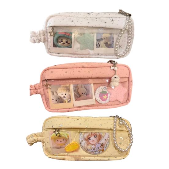 Pencil Case Star Design Extra Large Capacity Zipper Closure Pencil Pouch with DIY Storage Transparent Window School Supplies