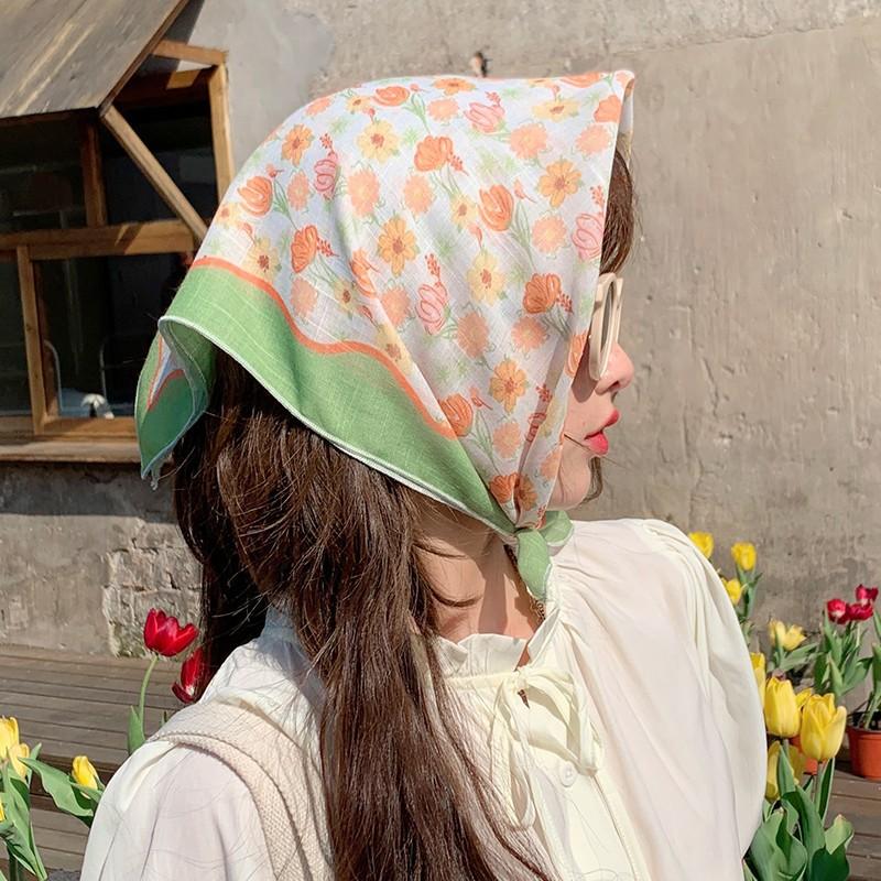 Eșarfă mică pătrată retro de țară, eșarfă artistică franțuzească din bumbac și in, eșarfă de cap pentru femei de primăvară și toamnă, vară, pentru umbră și protecție solară