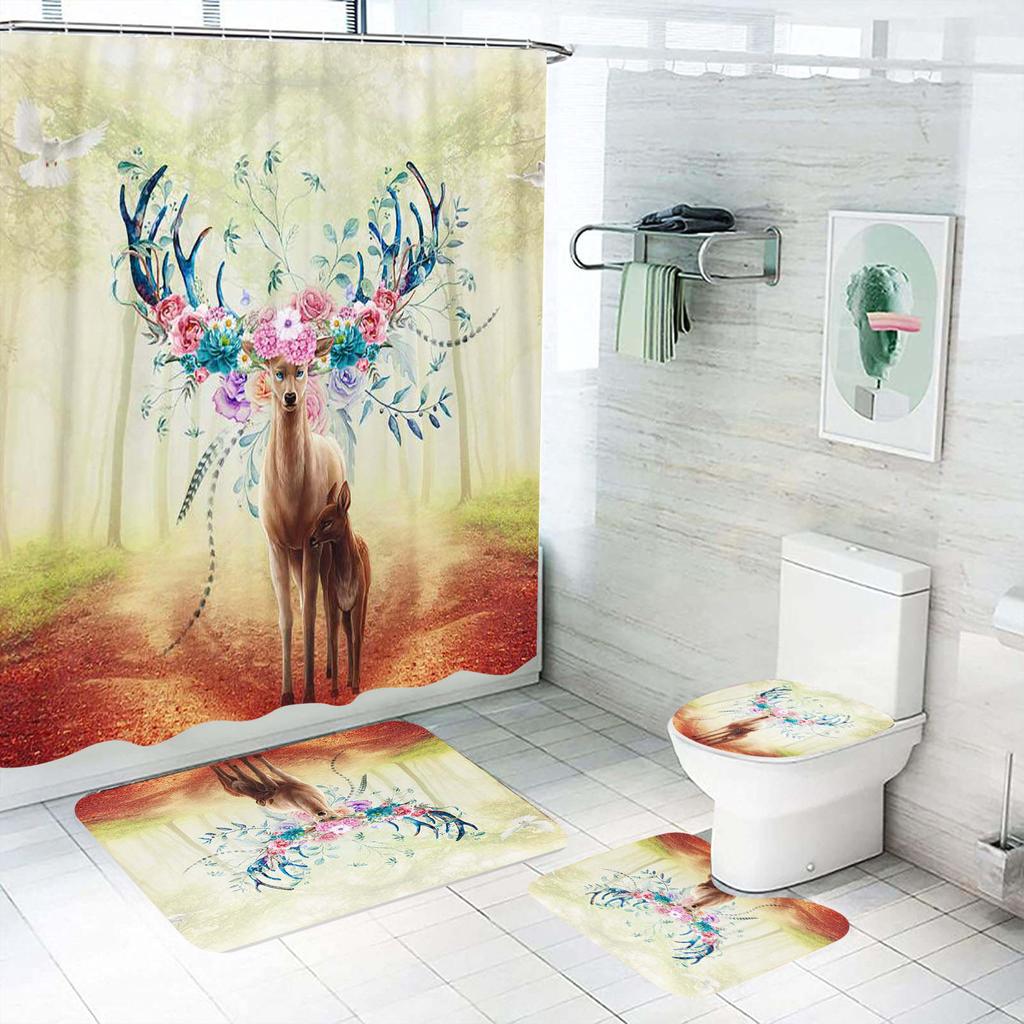 Cartoon Deer Animal Giraffe Shower Curtain Bath 4 Pcs Set Cute Luxury Accessories Sets Full Mats Gifts for Boys Girls