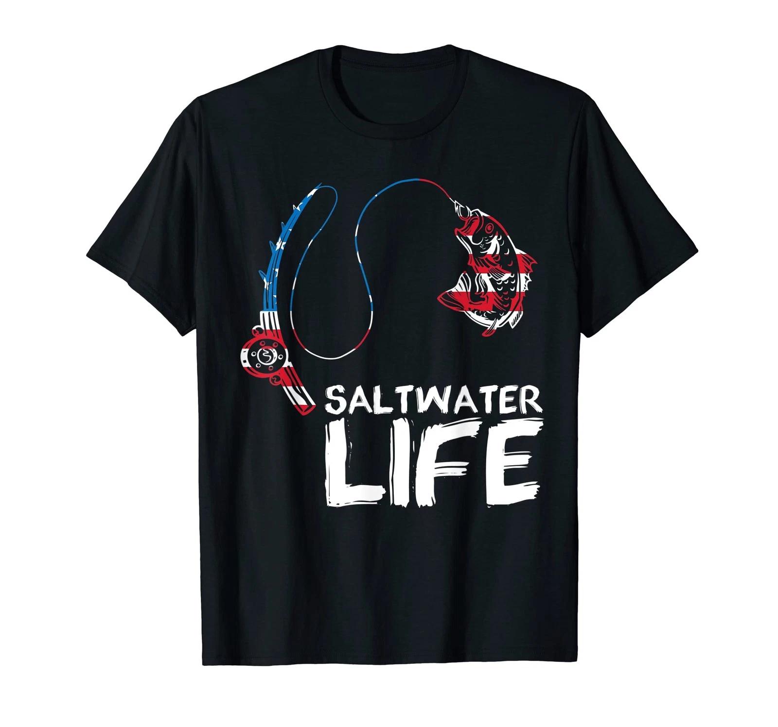 

Saltwater Life American Flag Fishing Rod Bass Fishing Fish Catcher T-Shirt_ S