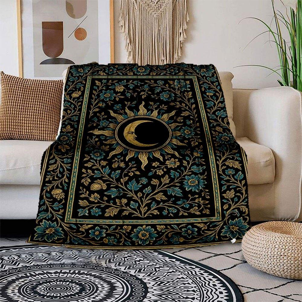 

Bohemian Moon & Sun Floral Rug - Boho Decor Carpet Blanket Flannel Throw Blanket for Sofa, Bed, Travel, Camping, Office, Couch, Chair, And 150x180cm