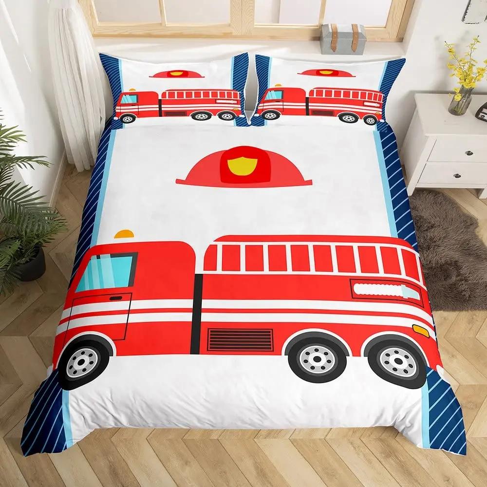 Fire Truck Fireman Duvet Cover King Queen Full Twin Size Cartoon Bedding Set for Boys Teens Polyester Quilt Cover