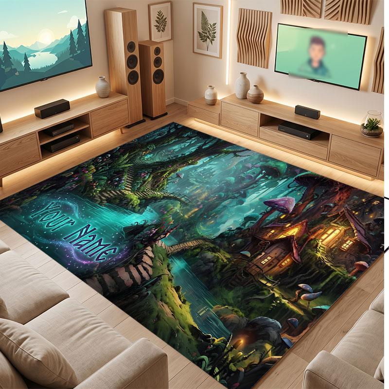 Mushroom Forest Theme Crystal Velvet Floor Rug Personalized Custom Name Text Warm Carpet Home Decoration