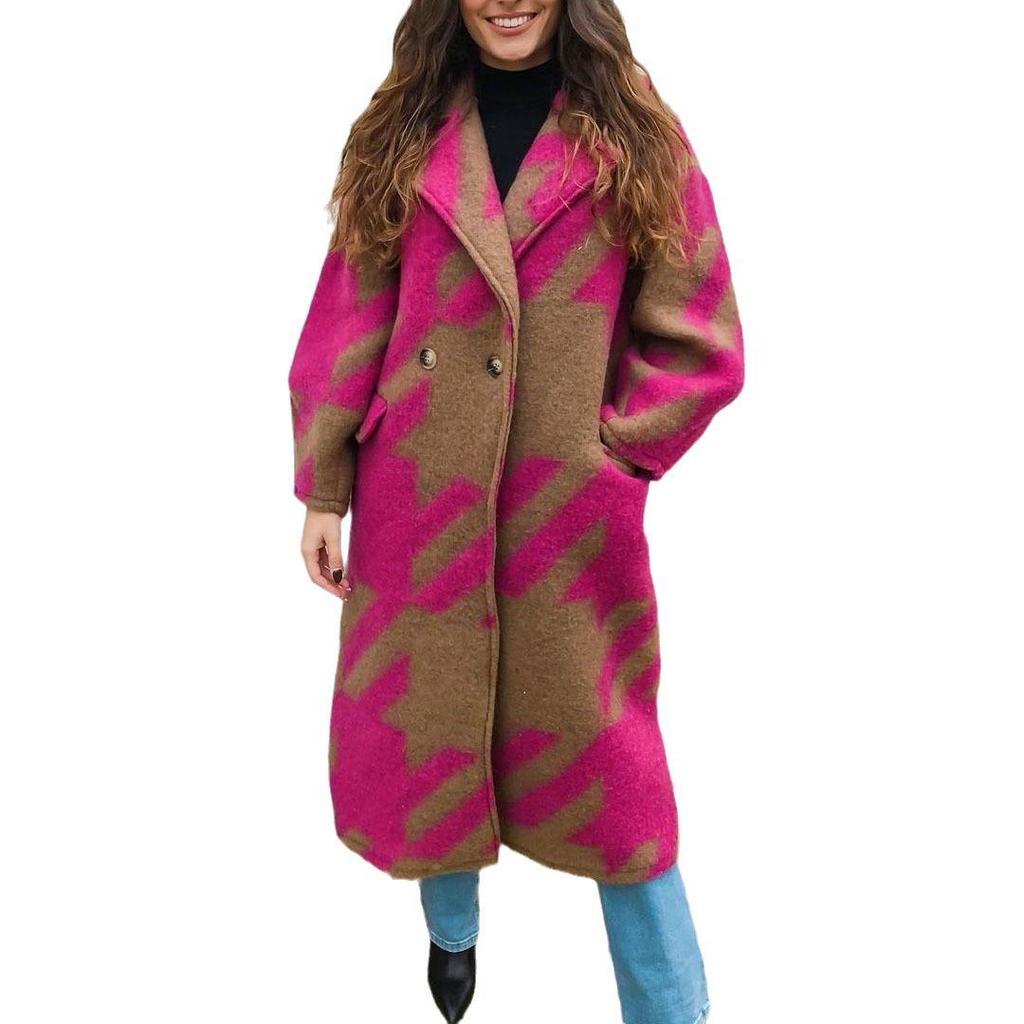 2025 European & American Autumn Women's Long-Sleeve Printed Woolen Coat with Colorful Lapel