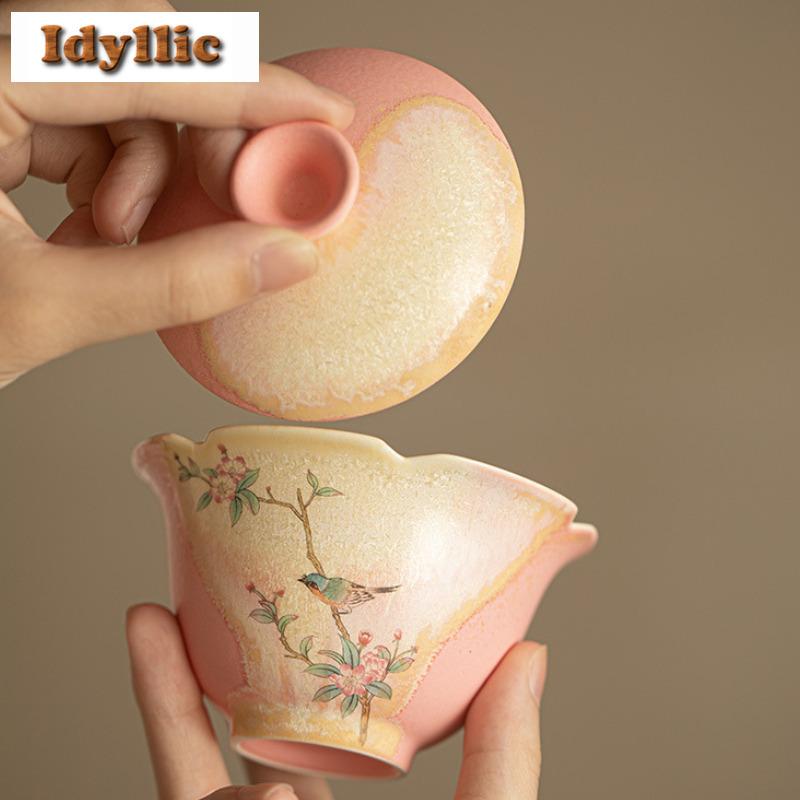 150ml Crystal Glaze Flower And Bird Gaiwan Creative Tea Tureen Tea Bowl With Lid Kit Tea Brewing Cover Bowl For Tea Decoration