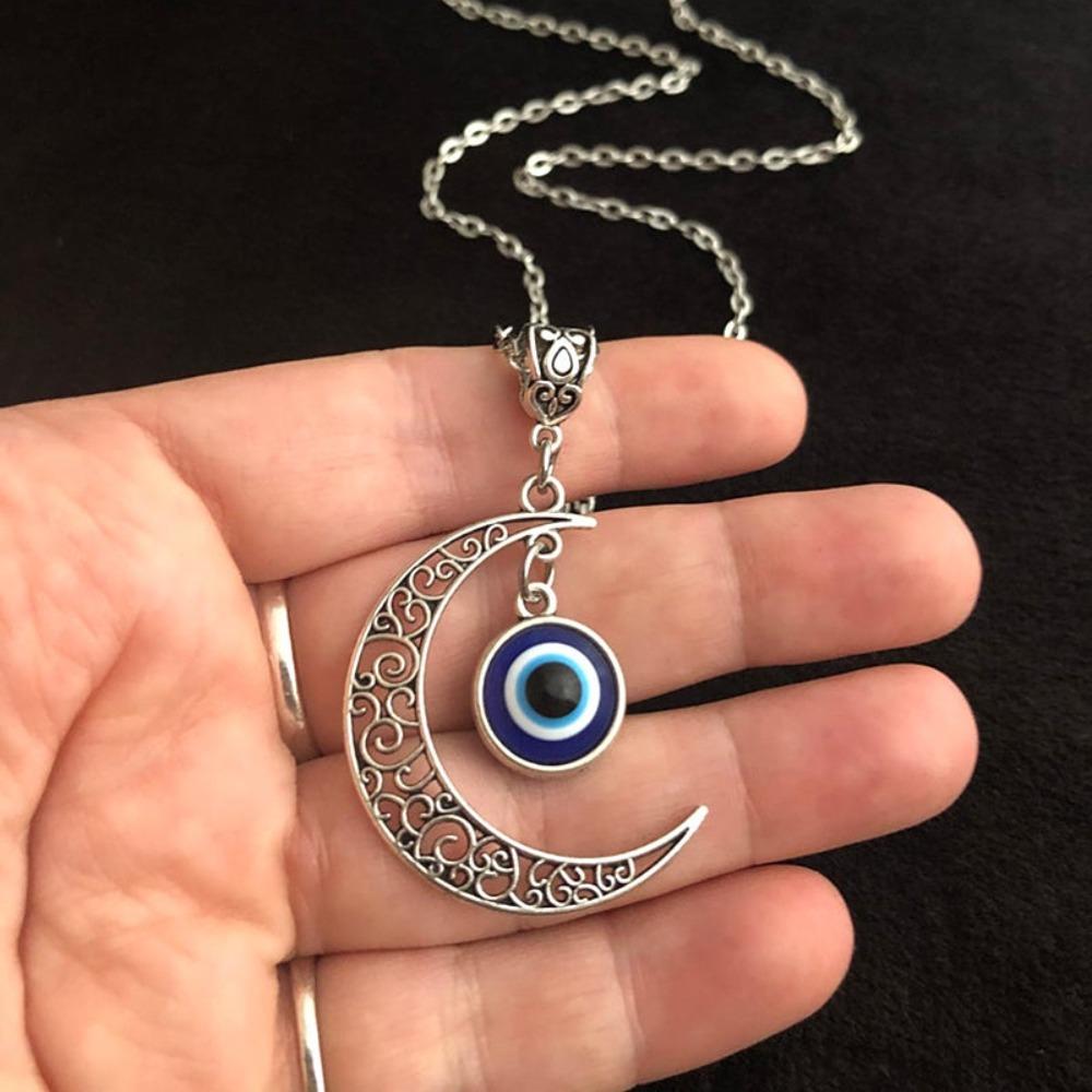 Gothic Trend Sliver Color Hollowed-out Lacework Crescent Moon Circle Evil Eye Pendant Necklace for Women Men Amulet Jewelry Gift