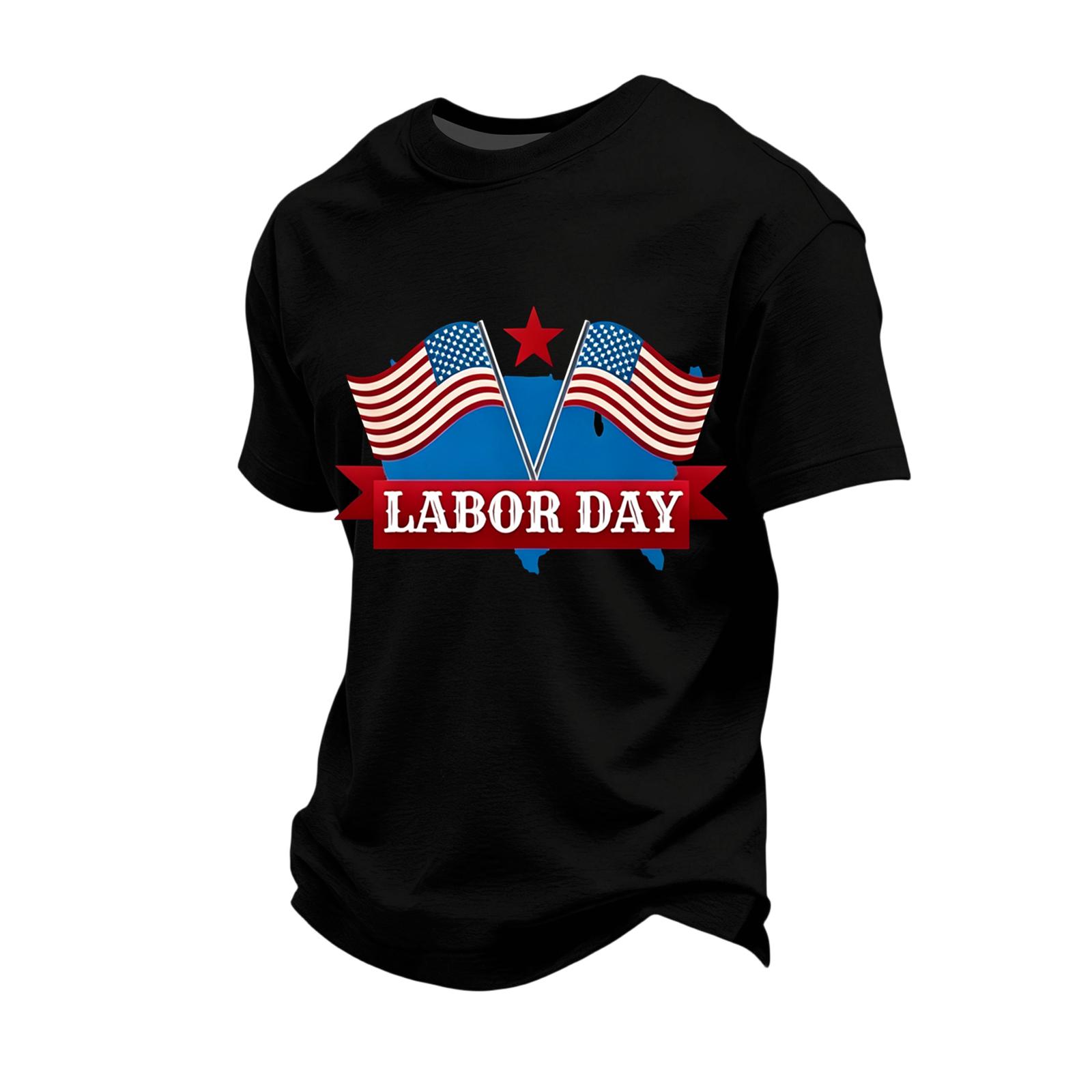 

Men s Loose Fit Short Sleeve Casual T-Shirt Labor Day Printed Crew Neck Cotton Blend Top for Everyday Wear L чёрный