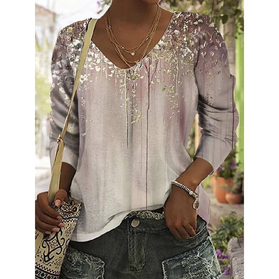 Women's Fashion V-neck Long Sleeved T-shirt Vintage 3d Printed Top