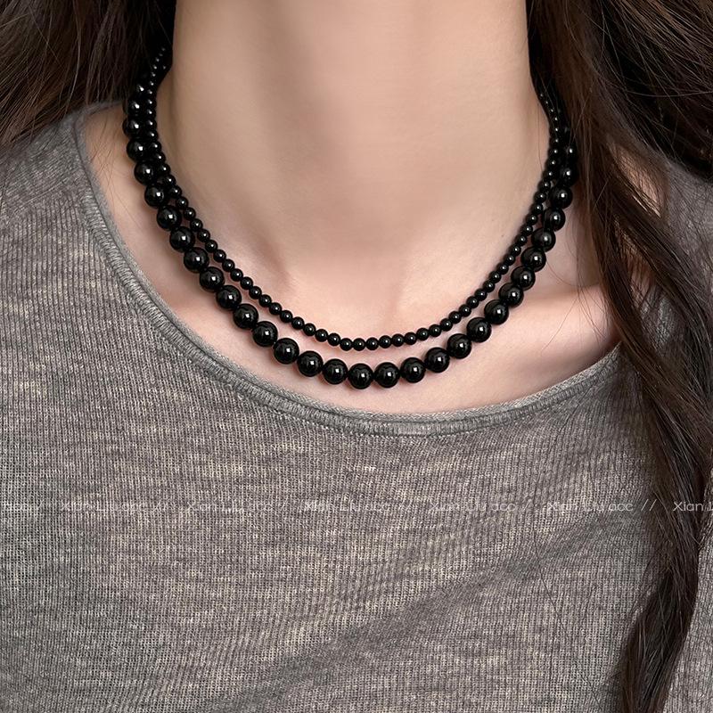 2025 Sense Layered Black Agate & Pearl Necklace - Light Luxury Women's Clavicle Chain Accessory