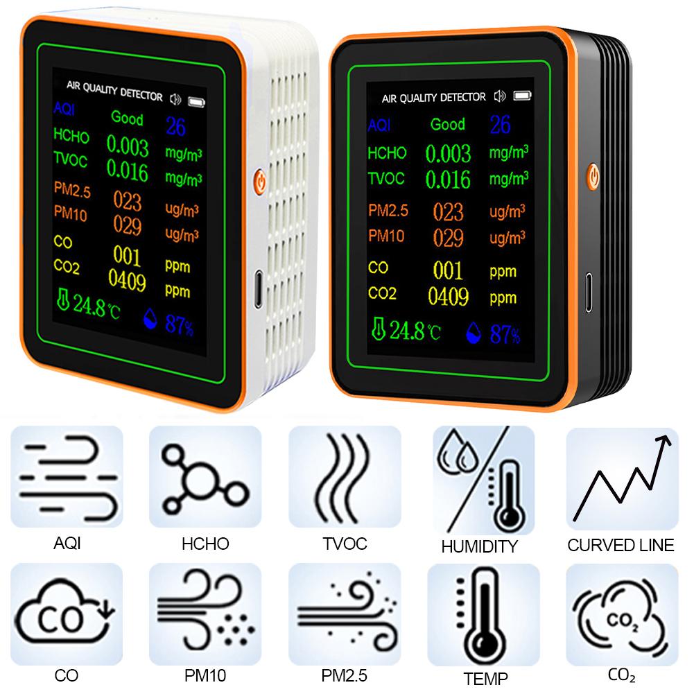 10 in 1 Air Quality Detector CO2 Meter 2.8 Inch TFT Display Carbon Dioxide Detector Formaldehyde CO2 Detector for Indoor/Outdoor