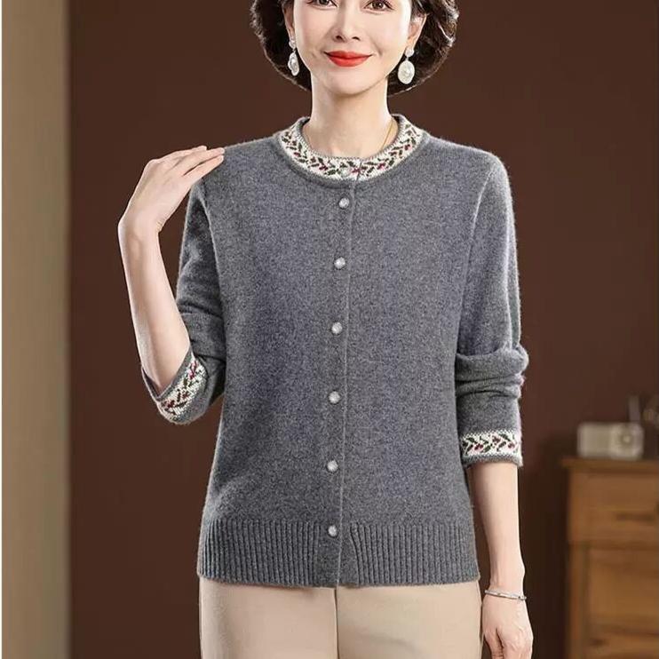 Autumn Winter Women's Round Neck Embroidered Cardigan Sweater Thickened Loose Knit Cardigan