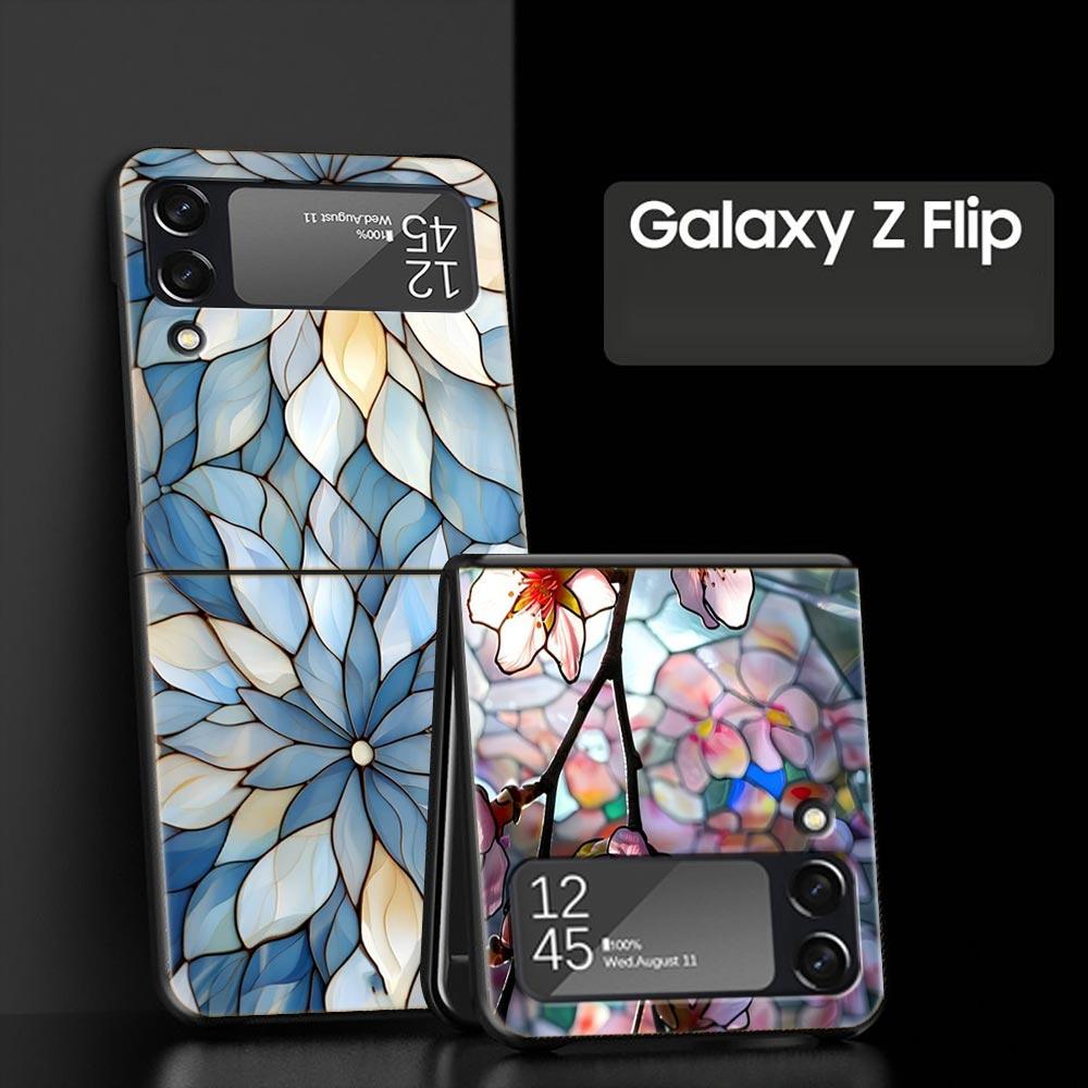 Phone Case for Samsung Galaxy Z Flip 3 4 5 6 7 Folding Shell For Samsung Z Flip4 Flip5 PC Hard Cover Flower marble Geometry
