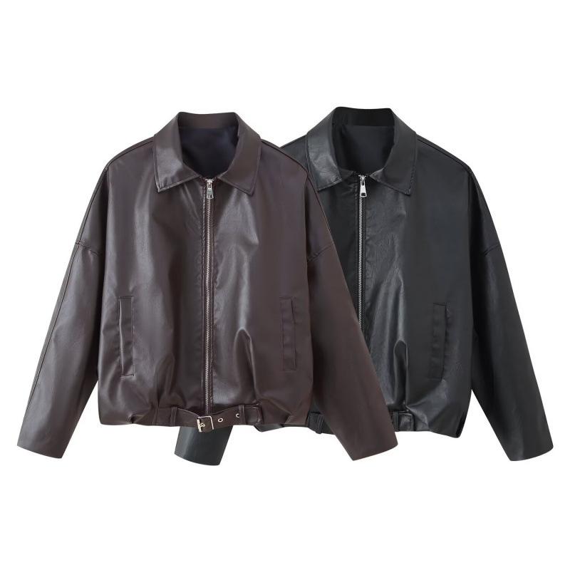 Cross-border European and American women's fashion 2026 trending American vintage leather jackets with belts and long-sleeve jackets