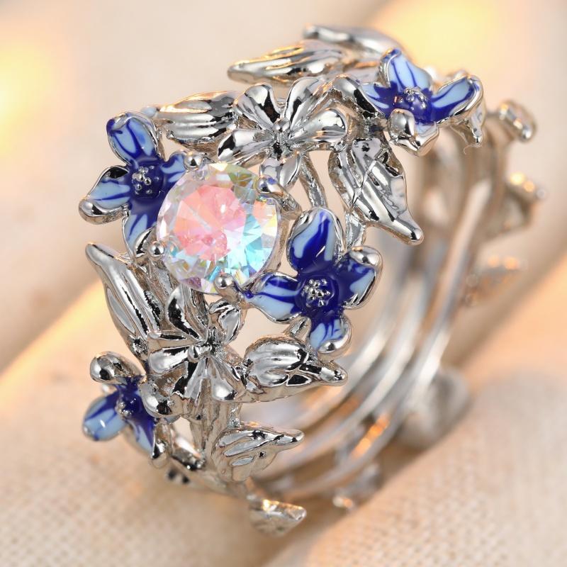 Dazzling Inlaid Imitation Moonstone Enamel Women's Ring CopperColor Hand Carving Flower Party Jewelry Anniversary Gift